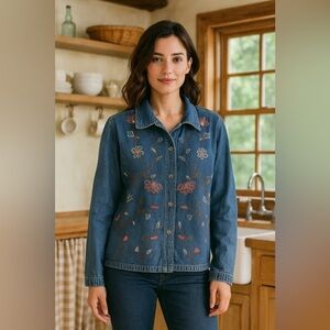VTG New Identity Blue Denim Jean Jacket Embroidered Floral Cotton L